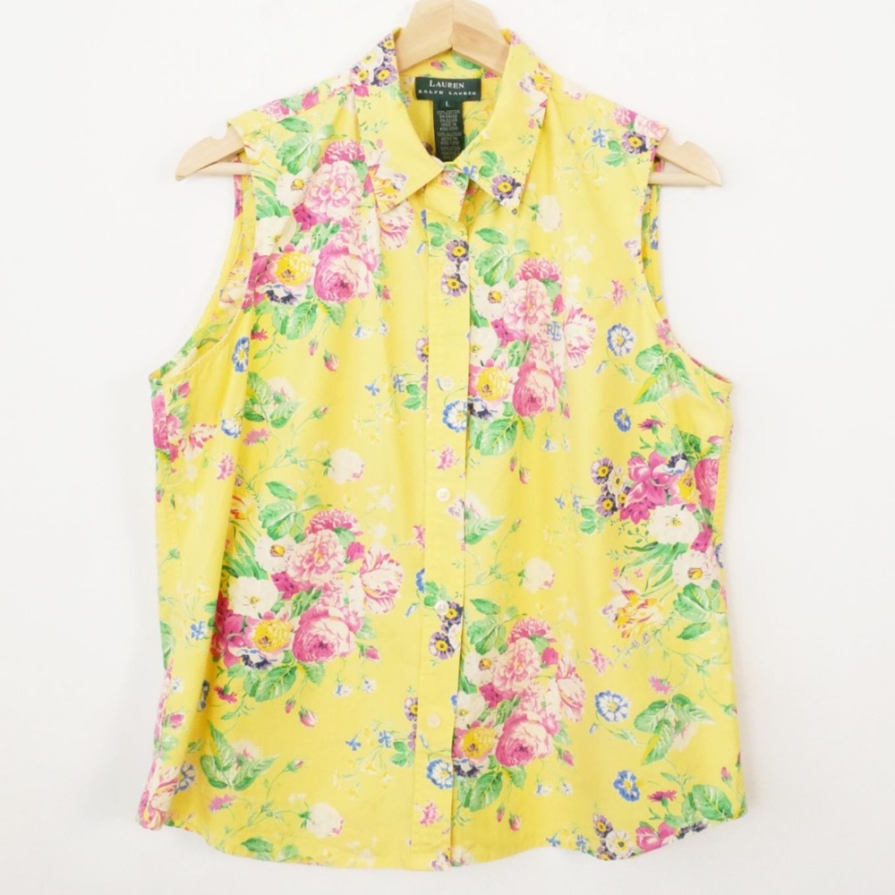 Ralph Lauren Women’s Vintage Yellow Floral Button Up Sleeveless Blouse S Shirt